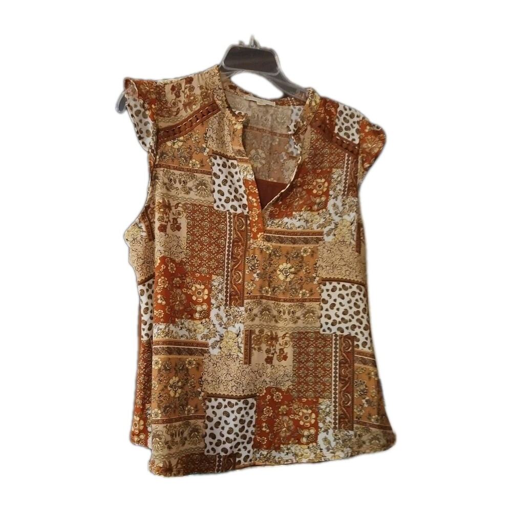 Another Reason Top Blouse Women Sz Large Tan Floral Cap Sleeves V neck